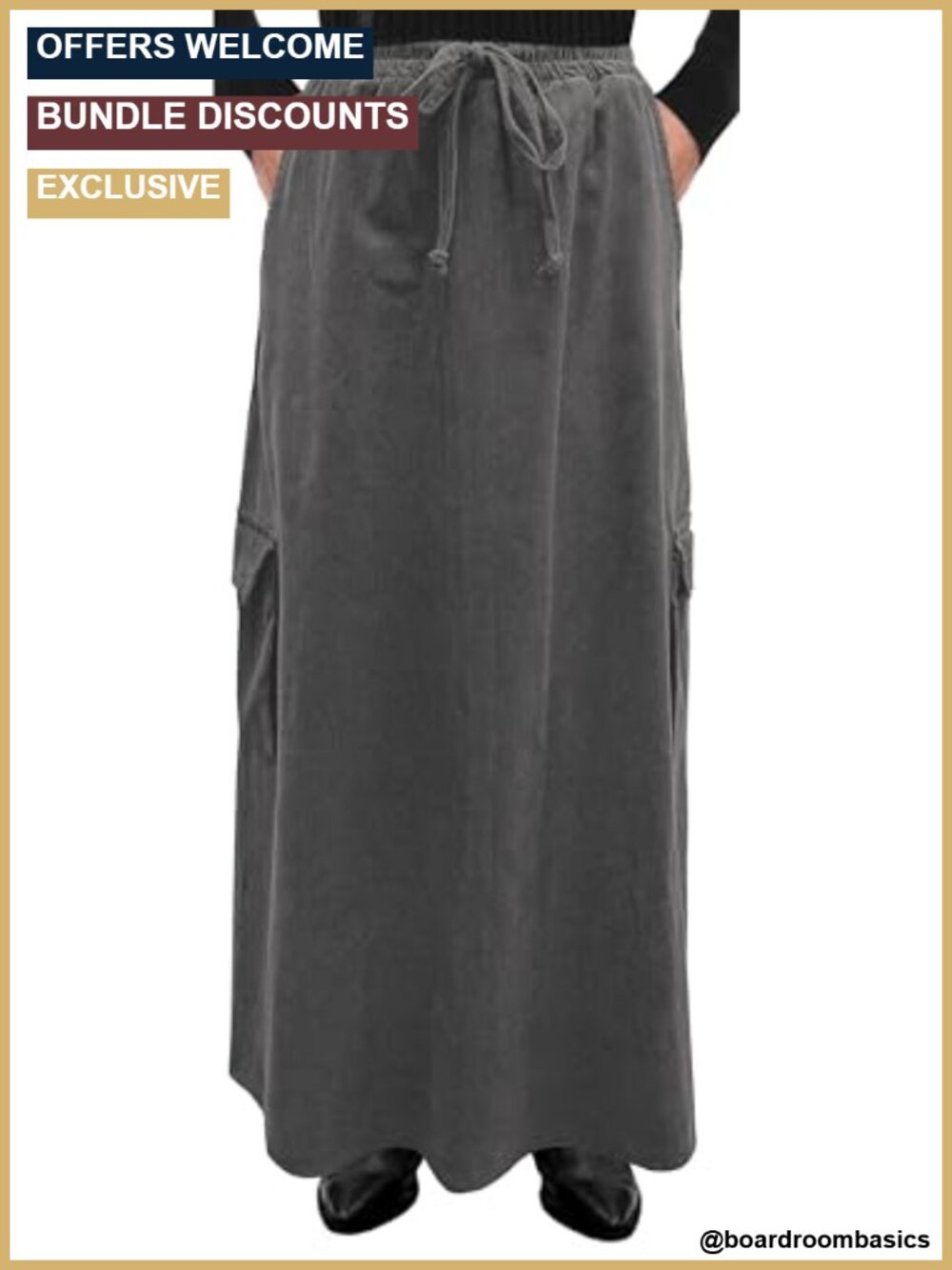 Womens 100% Cotton Corduroy Drawstring Elastic Waist Cargo Pocket Maxi Skirt